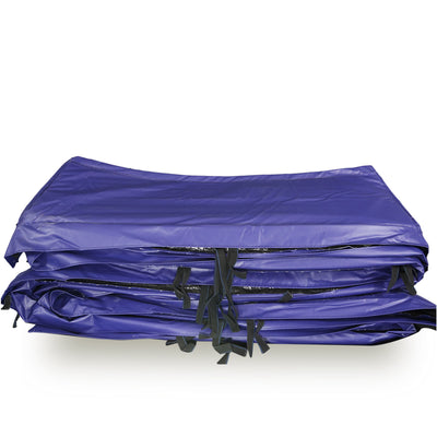 Blue spring pad with black straps on it for securing around the trampoline frame. 