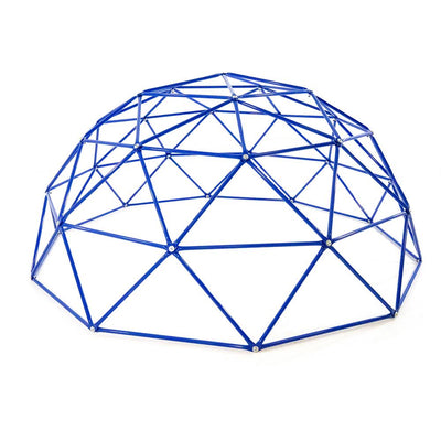 9-foot Geo Dome made of blue powder-coated steel poles with silver bolts connecting each pole. 