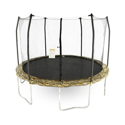 12-foot round kids trampoline with camouflage spring pad and green pole caps.