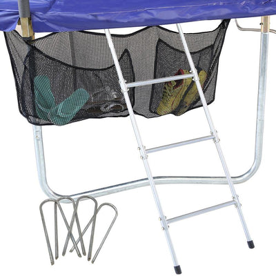 The accessory kit comes with the three-rung trampoline ladder, a shoe storage bag, and 4 wind stakes. 