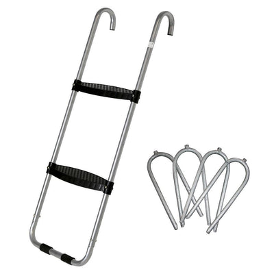 Wide-step trampoline ladder and trampoline wind stakes. 