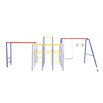 The Monkey Bars module and the Swing Set module connect to the Modular Jungle Gym Base. 