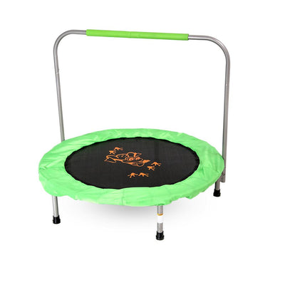 36-inch mini kids trampoline with green frame pad, green padded handlebar, and orange frog design on jump mat.