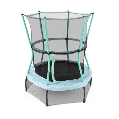 48-inch round mini kids trampoline with baby blue frame pad, seafoam padded poles, and both upper and lower black enclosure net.