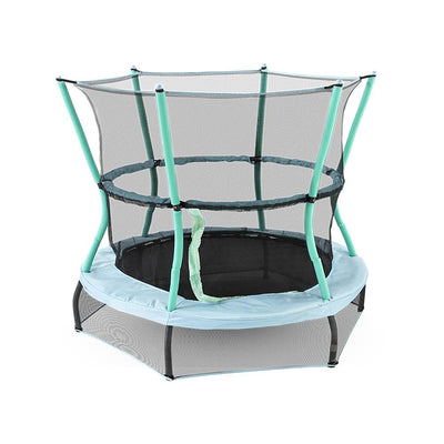 60-inch round mini kids trampoline with baby blue frame pad, seafoam padded poles, and both upper and lower black enclosure net.