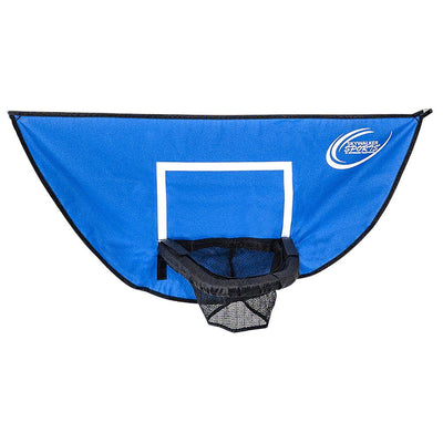 The basketball hoop has a blue and white backboard and a black net. 