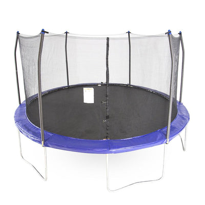 Fifteen-foot round trampoline with blue spring pad, blue pole caps, black jump mat, and steel frame.