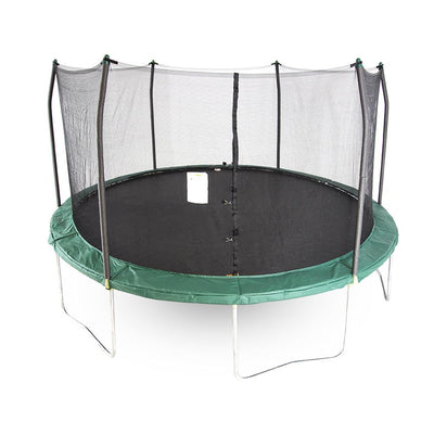 15-foot round trampoline with green spring pad and green pole caps.