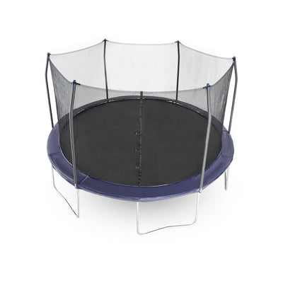 15-foot round kids trampoline with navy spring pad and navy pole caps.