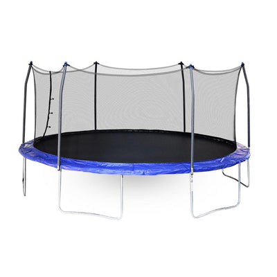 17-foot oval trampoline with blue spring pad and blue pole caps.