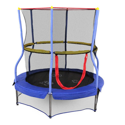 Blue, red, and yellow 55-inch mini kids trampoline with cat, bird, and dog design on black jump mat.