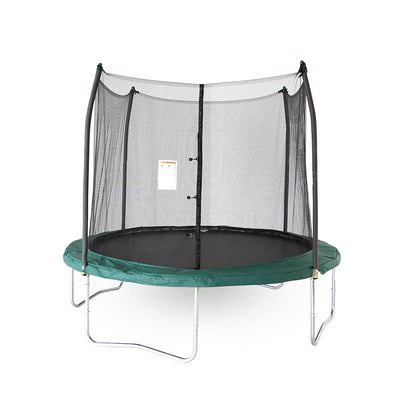 Ten-foot round kids trampoline with green spring pad, green pole caps, black jump mat, and black enclosure net.