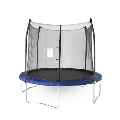 10-foot round kids trampoline with blue spring pad and blue pole caps.