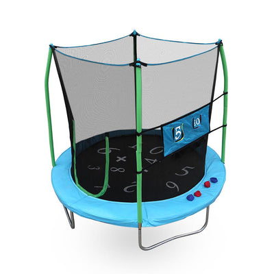 7.5-foot round kids trampoline with green and blue padding, numbers on the jump mat, and a fun double toss game.