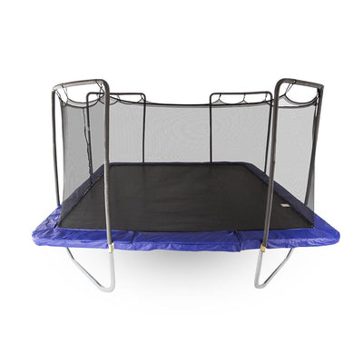 Large fifteen-foot square trampoline with a black enclosure net, black jump mat, and blue spring pad.